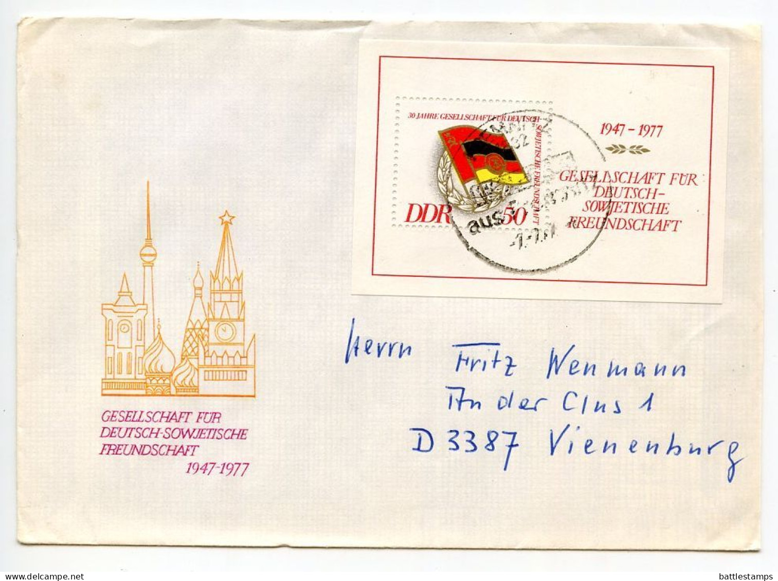 Germany, East 1977 Cover; Premnitz To Vienenburg; 50pf. German-Soviet Friendship Society Souvenir Sheet - Briefe U. Dokumente