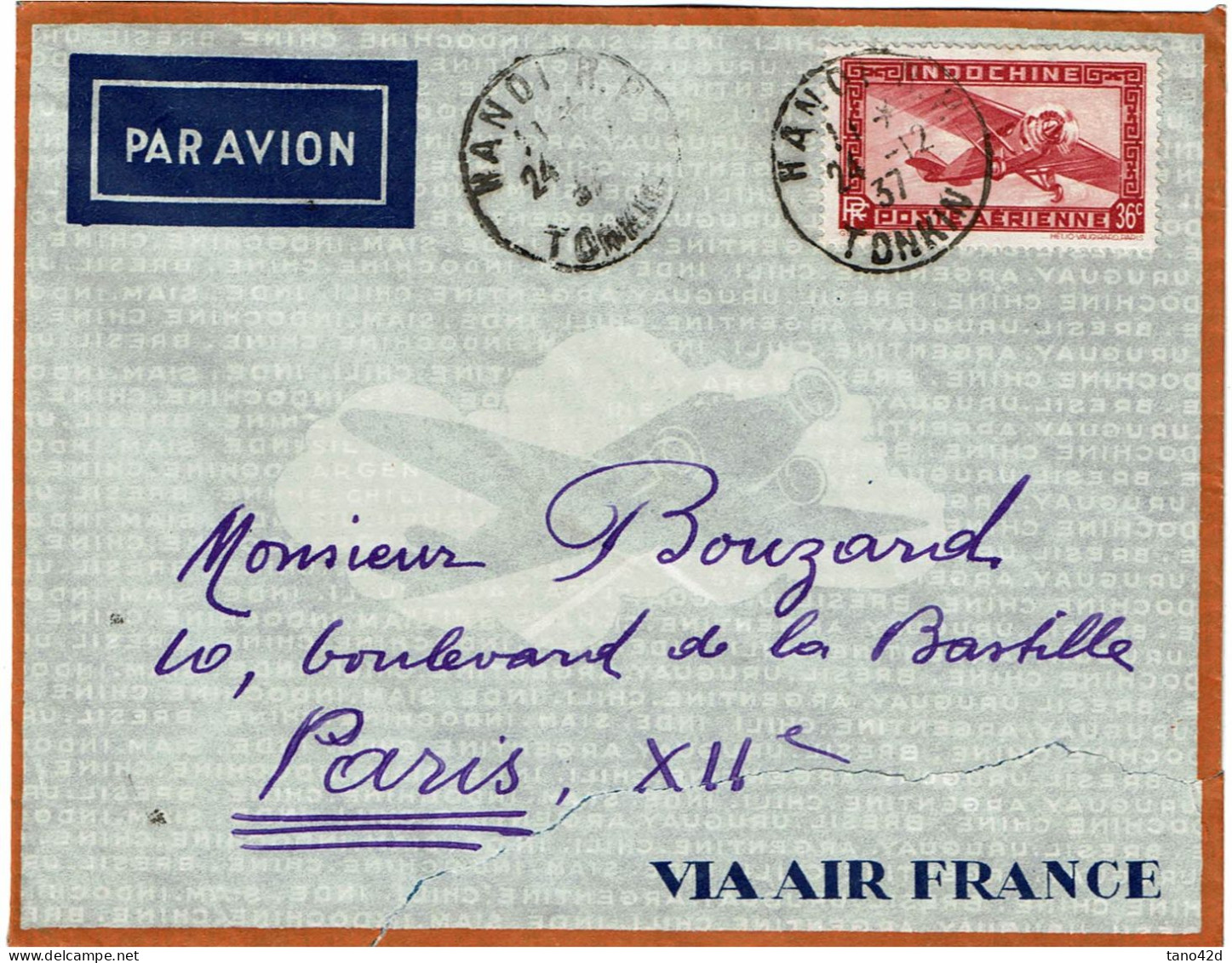 LPP15 -  INDOCHINE LETTRE AVION  HANOI / PARIS 24/12/1937 - Briefe U. Dokumente