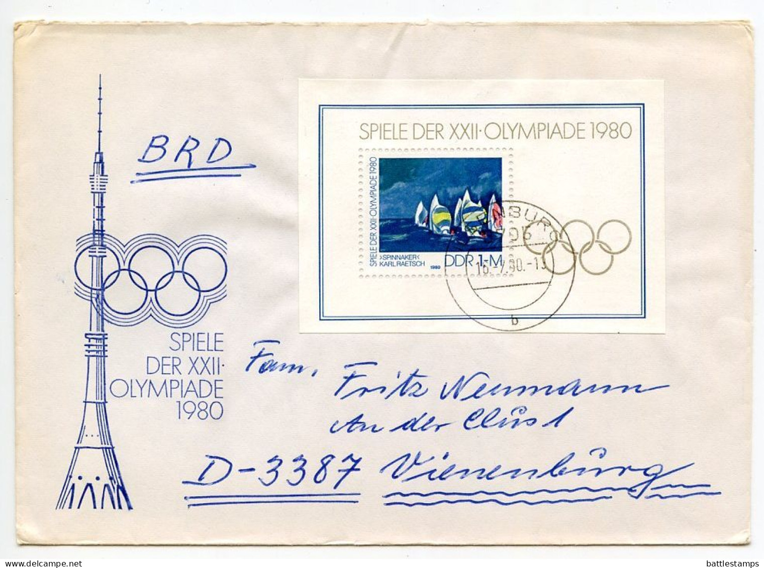 Germany, East 1980 Cover; Ilsenburg To Vienenburg; 1m. 20th Summer Olympic Games In Moscow Souvenir Sheet - Covers & Documents