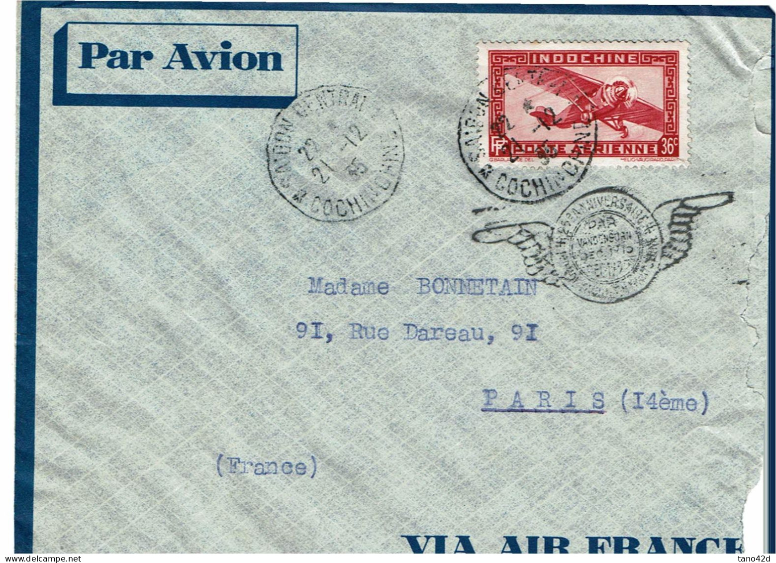 LPP15 -  INDOCHINE LETTRE AVION  SAIGON / PARIS 21/12/1935 CACHET COMMEMORATIF - Covers & Documents