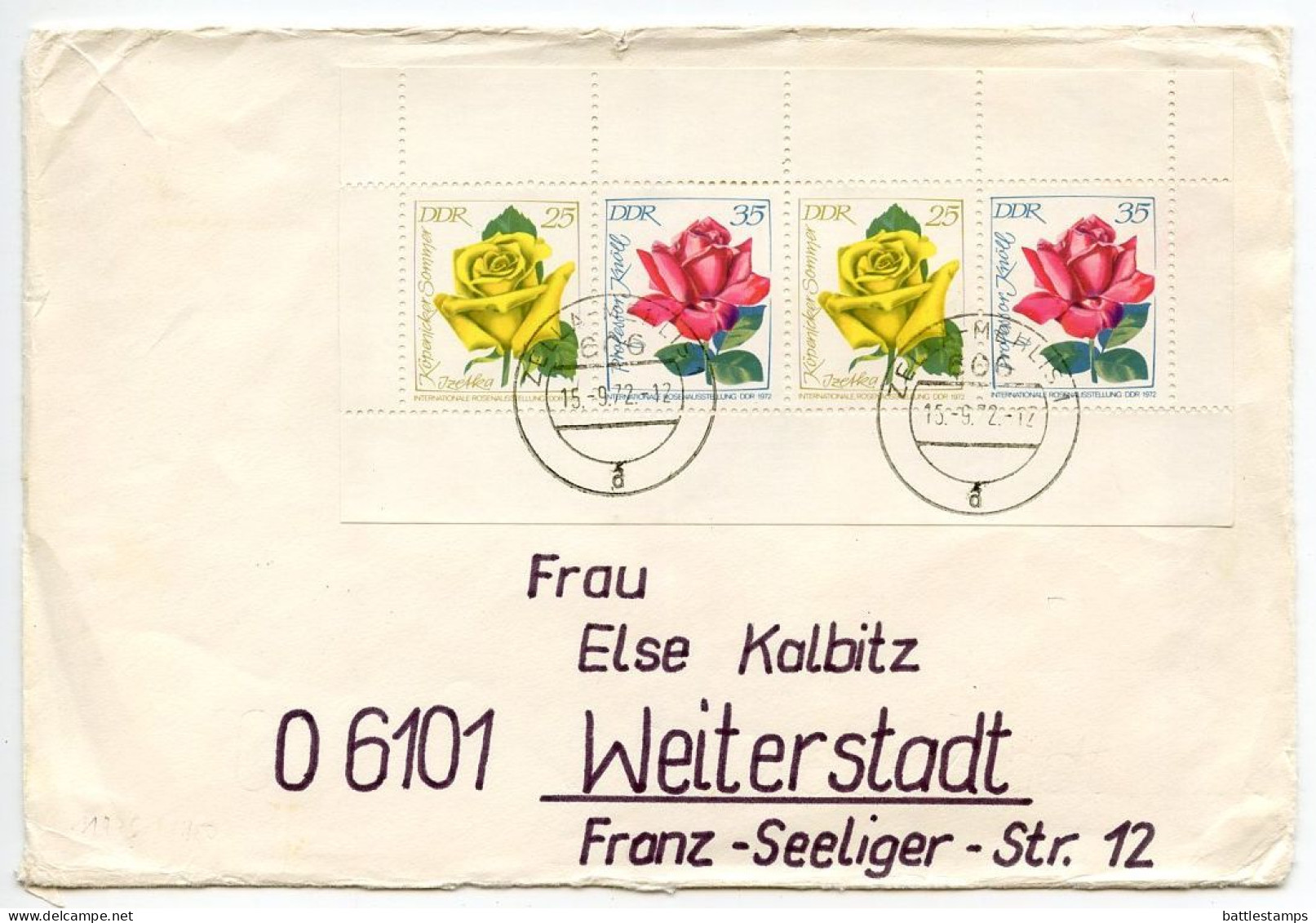 Germany, East 1972 Cover; Zella-Mehlis To Weiterstadt; International Rose Exhibition - Booklet Pane Of 4 Stamps - Cartas & Documentos