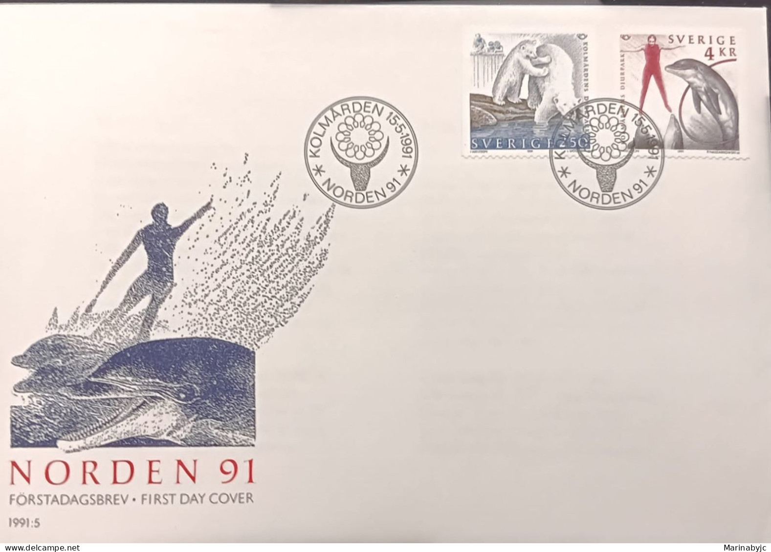 D)1991, SWEDEN, FIRST DAY COVER, ISSUE, "NORDEN", POLAR BEAR, BOTTLE-NOSED DOLPHIN, FDC - Other & Unclassified