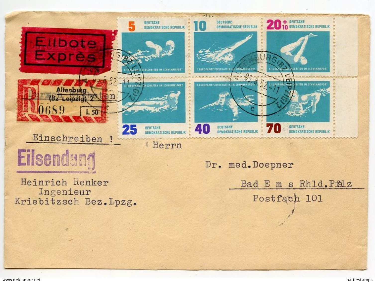 Germany East 1962 Registered Express Cover; Altenburg To Bad Ems; 10th European Swimming Championships Block Of 6 Stamps - Cartas & Documentos