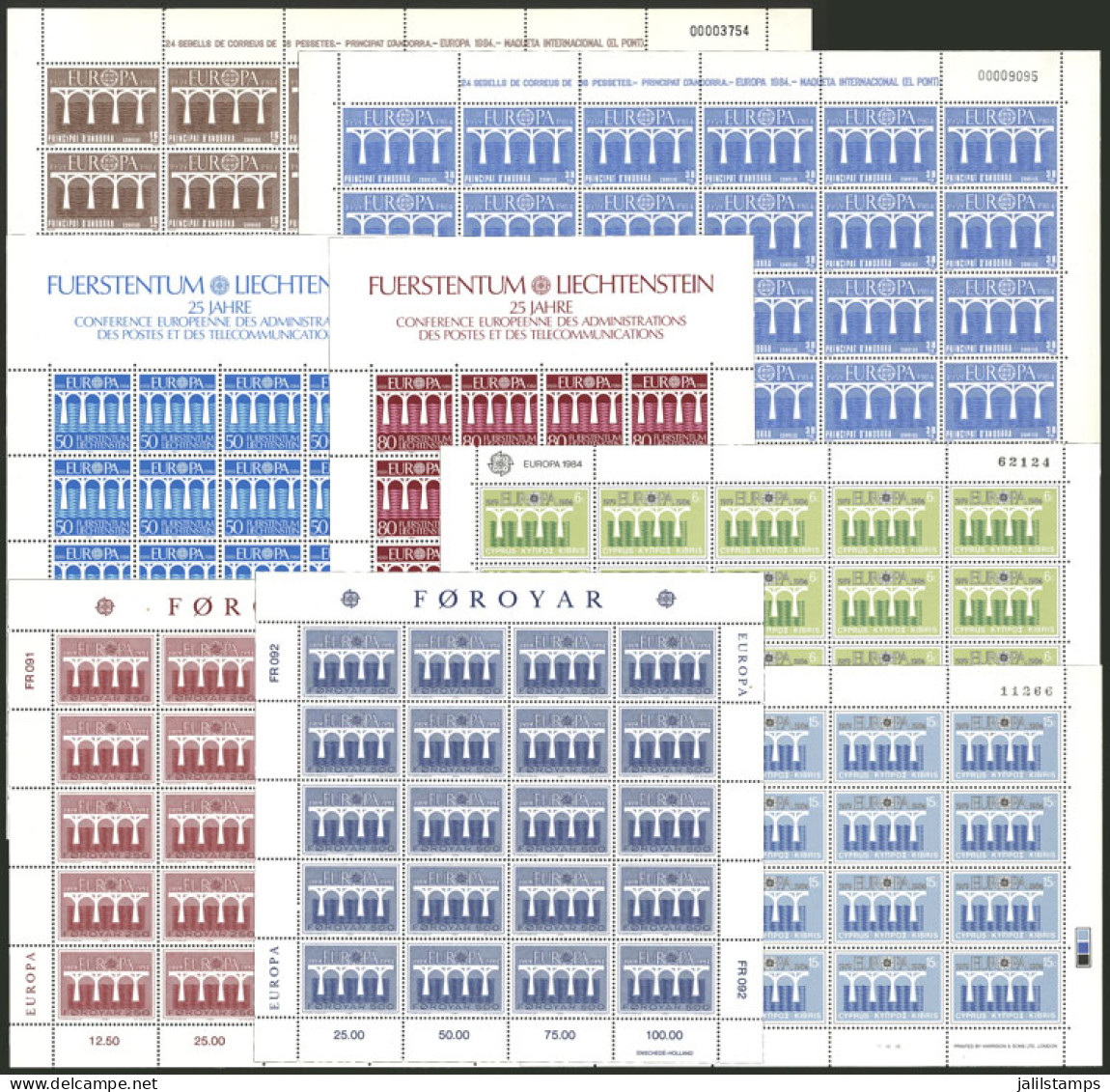 TOPIC EUROPA: Issues Of Year 1984 Of Spanish Andorra, Cyprus, Feroe And Liechtenstein In Complete Sheets, MNH And Of Ver - Autres & Non Classés