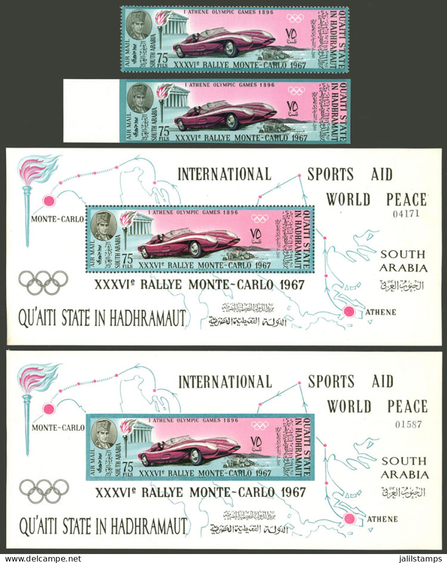 ADEN - HADHRAMAUT: Michel 139A + 139B + Block 14A Y 14B, 1967 Monte Carlo Rally, Perforated And Imperforate Stamp + S.sh - Yémen