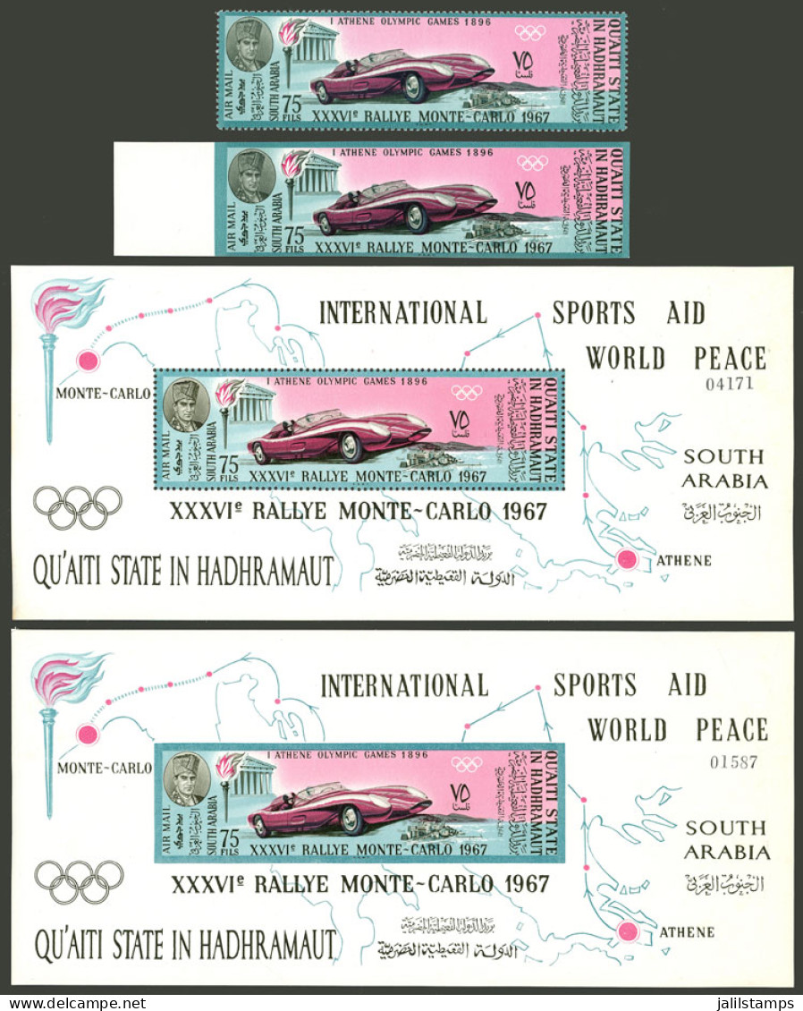 ADEN - HADHRAMAUT: Michel 139A + 139B + Block 14A Y 14B, 1967 Monte Carlo Rally, Perforated And Imperforate Stamp + S.sh - Yemen