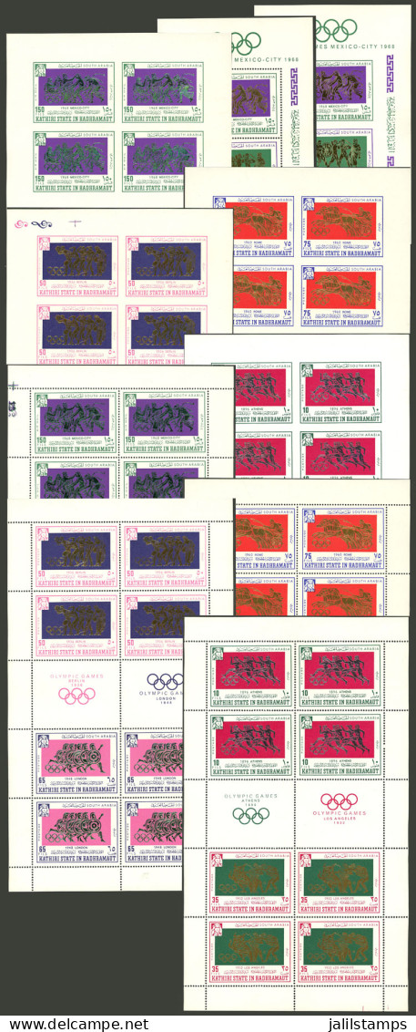 ADEN - HADHRAMAUT: Michel 175/182 + Block 17, 1967 Mexico Olympic Games, Complete Set Of 8 Values Printed In Mini-sheets - Jemen
