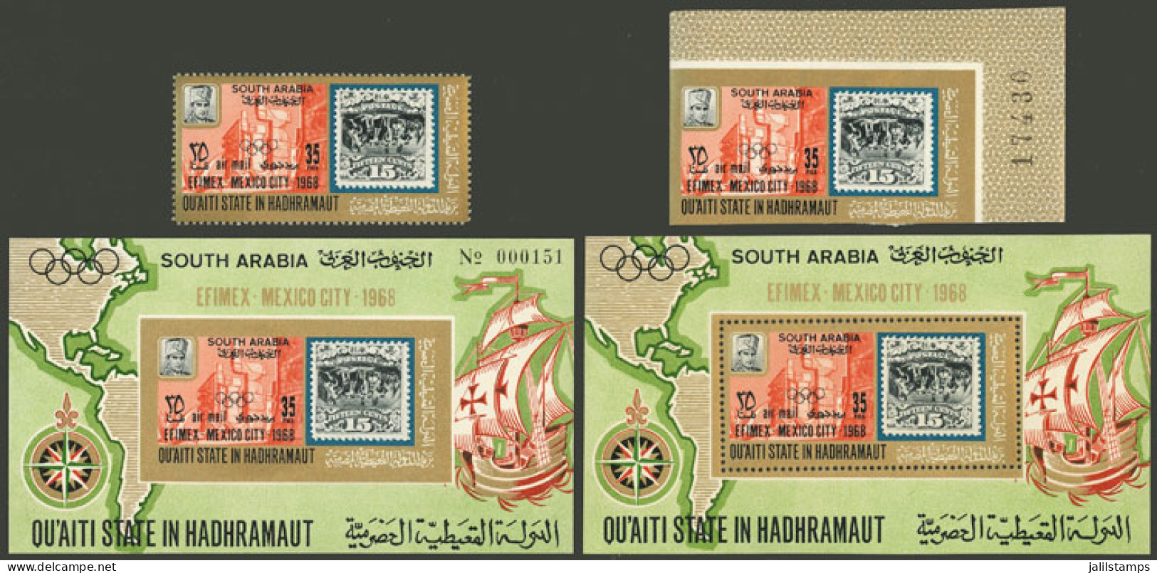 ADEN - HADHRAMAUT: Michel 222 A + 222B + Block 26A + 26B, 1968 Mexico Olympic Games & EFIMEX Philatelic Exposition, Perf - Yemen