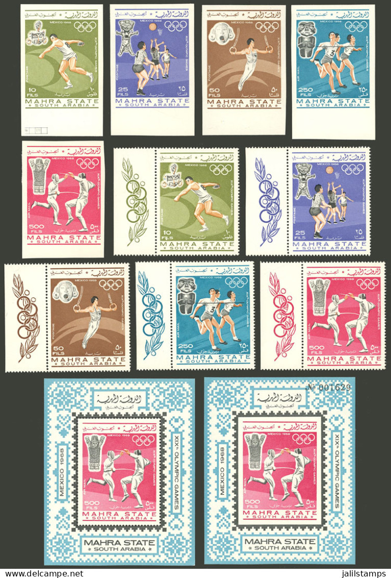 ADEN - MAHRA: Michel 25/29 + S.sheet 2, 1967 Mexico Olympic Games, Complete Set Of 5 Values + Perforated And IMPERFORATE - Yémen