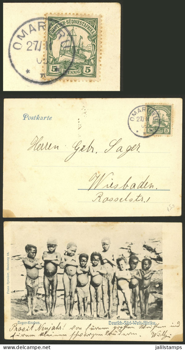 GERMAN SOUTH-WEST AFRICA: Postcard With View Of "Neger-Knaben" Franked With 5Pg. And Sent From OMARURU To Wiesbaden On 2 - Africa Tedesca Del Sud-Ovest