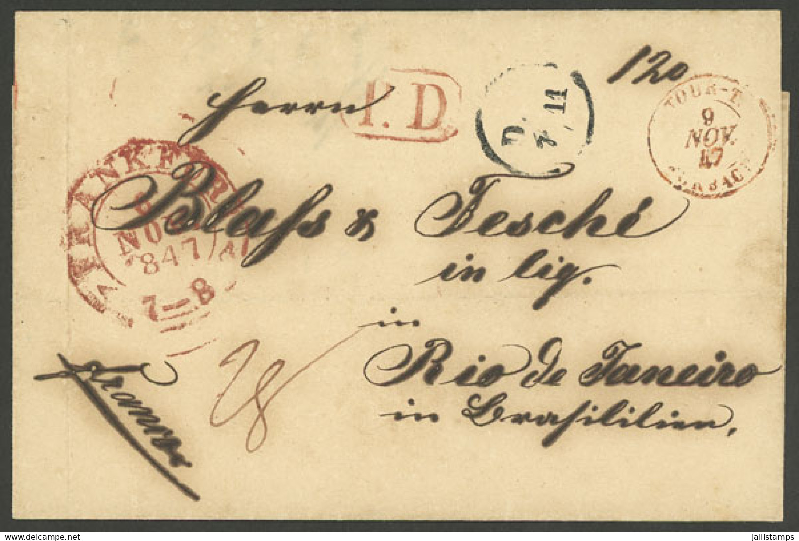 GERMANY: 6/NO/1847 Frankfurt - Rio De Janeiro: Folded Cover Sent Via Havre, With Several Markings On Front And Back, Exc - Altri & Non Classificati