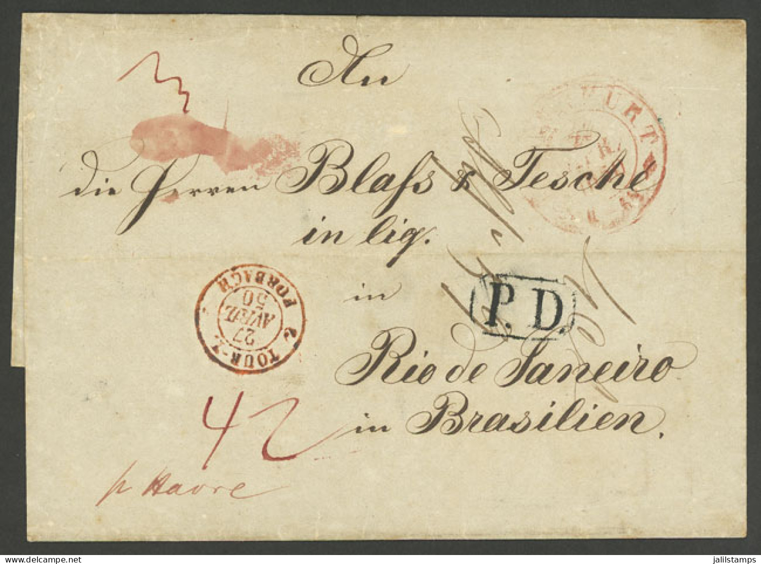 GERMANY: 22/AP/1850 Frankfurt - Rio De Janeiro: Folded Cover Sent Via Havre, With Red Dispatching Mark, Frontier Exchang - Autres & Non Classés