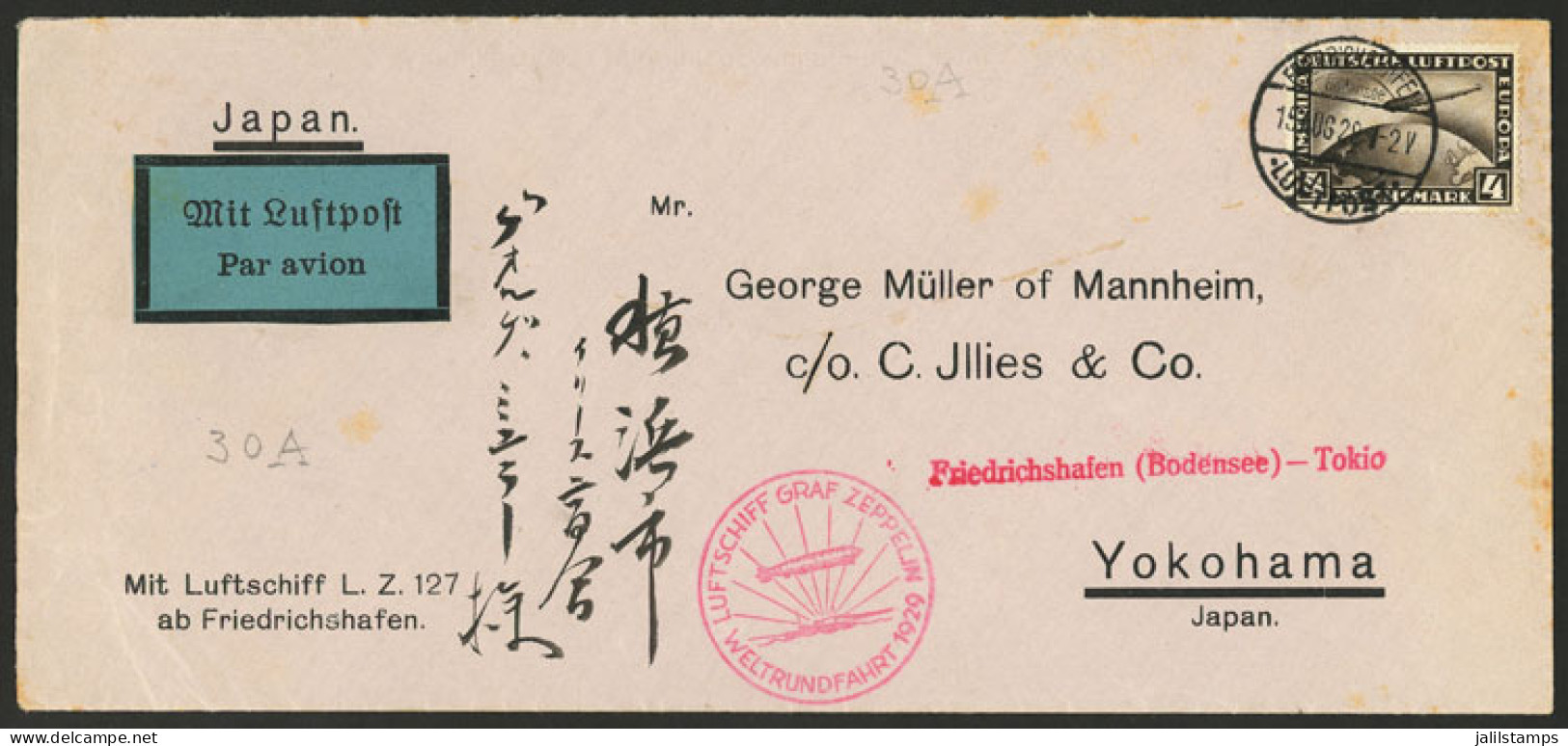 GERMANY: 19/AU/1929 Friedrichshafen - Japan: Cover Flown By ZEPPELIN Franked With 4RM., Without Backstamps, Fine Quality - Other & Unclassified