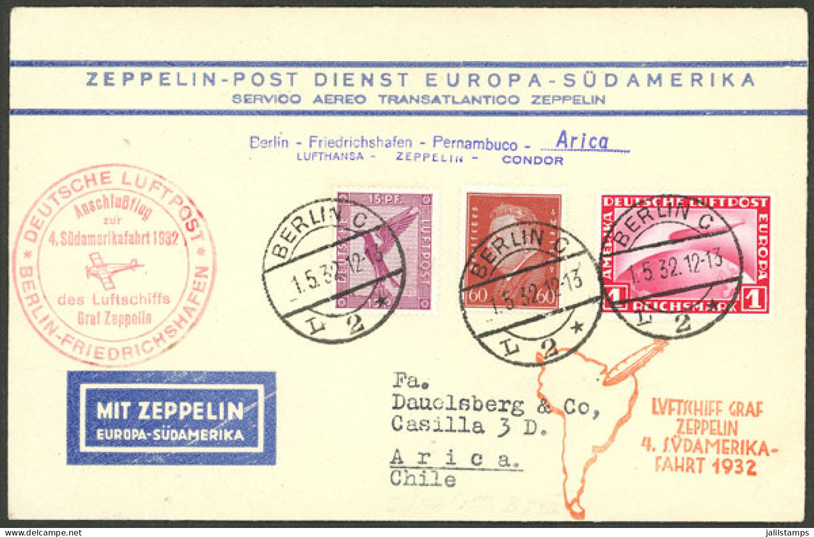 GERMANY: 1/MAY/1932 Berlin - Chile, Airmail Cover Sent By Zeppelin On The 4th Flight To South America, Arrival Backstamp - Andere & Zonder Classificatie