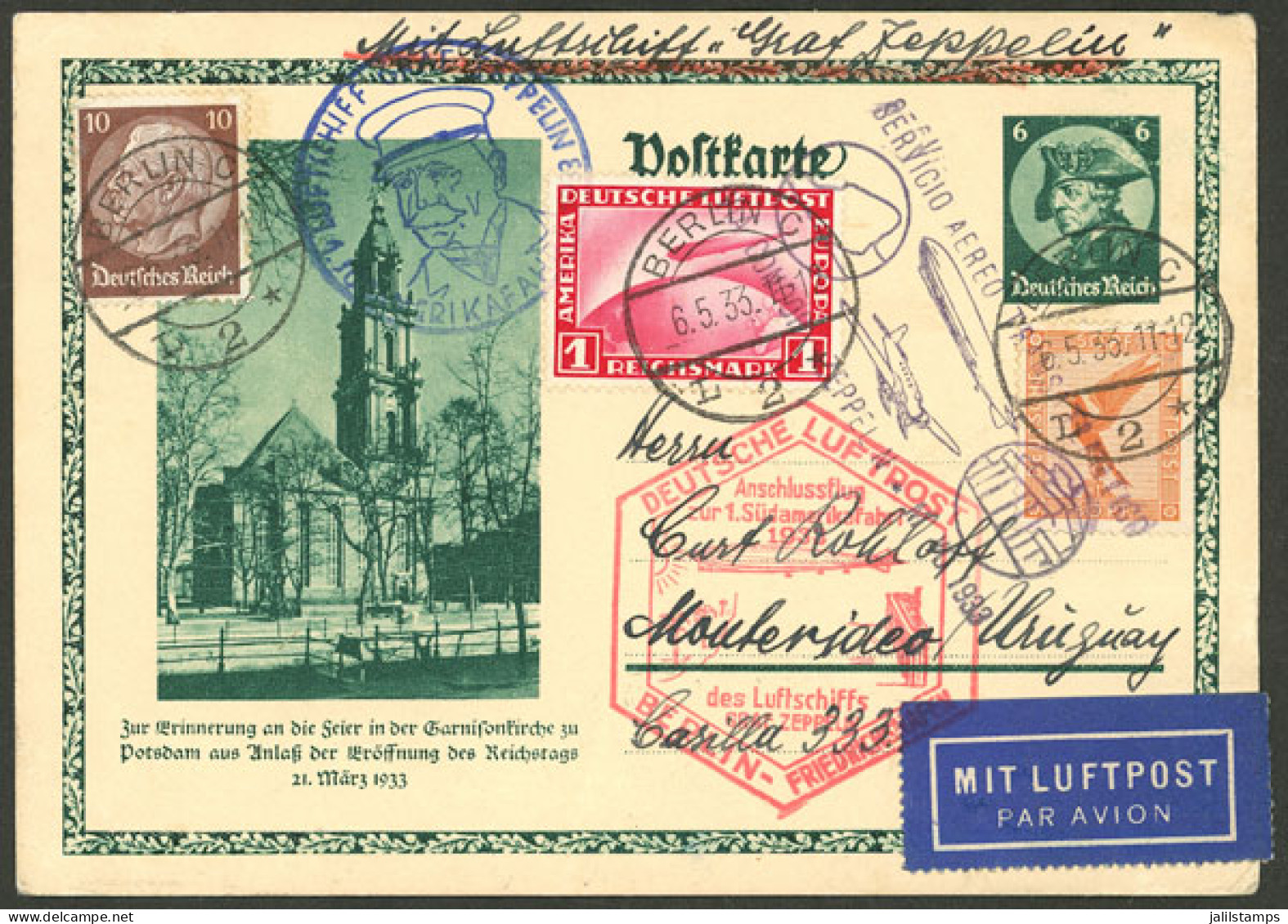 GERMANY: Card Sent From Berlin To Uruguay On 6/MAY/1933 On The 1st Flight To South America That Year, With Special Hands - Altri & Non Classificati