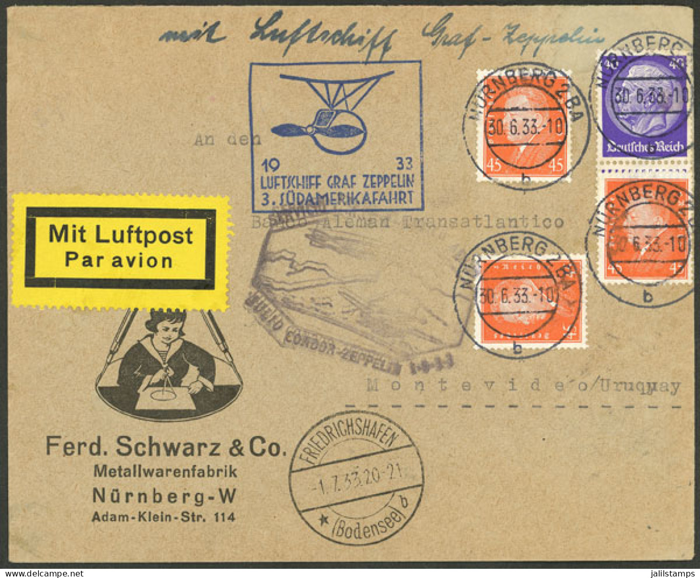 GERMANY: 30/JUN/1933 Nürnberg - Uruguay, Airmail Cover Sent On The 3rd Zeppelin Flight To South America, With Special Ha - Autres & Non Classés
