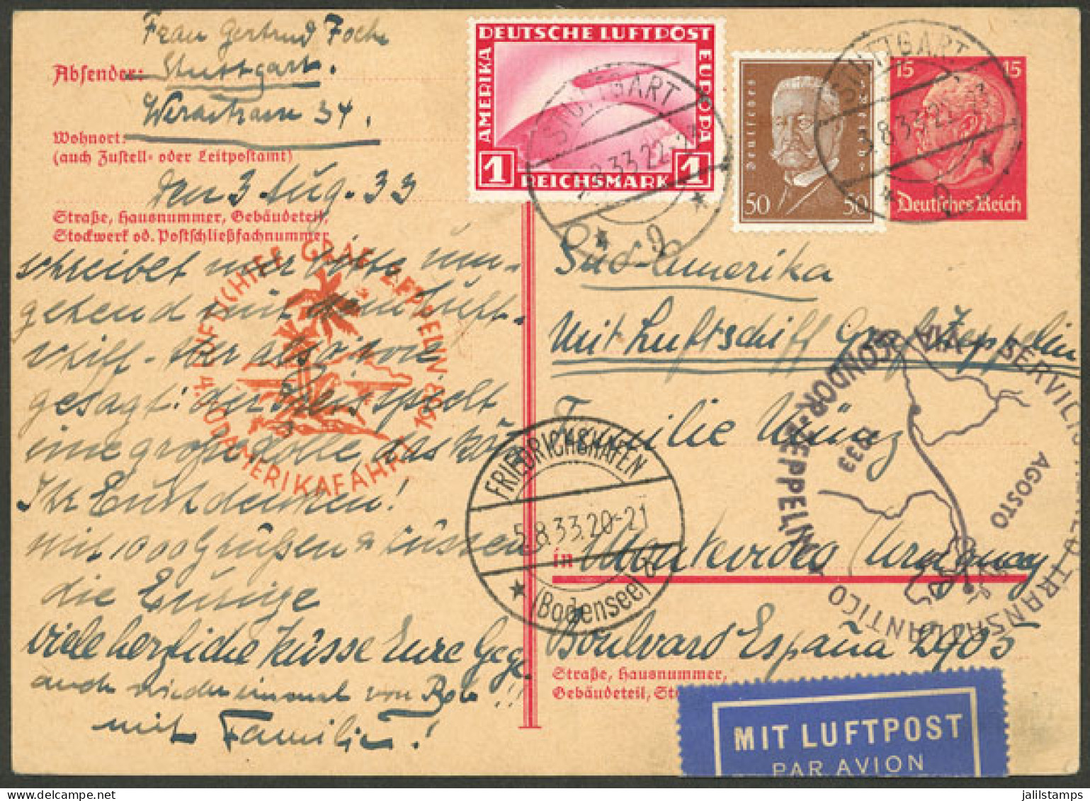 GERMANY: 5/AU/1933 Stuttgart - Uruguay, Card Sent By Zeppelin On The 4th Flight To South America That Year, With Special - Sonstige & Ohne Zuordnung