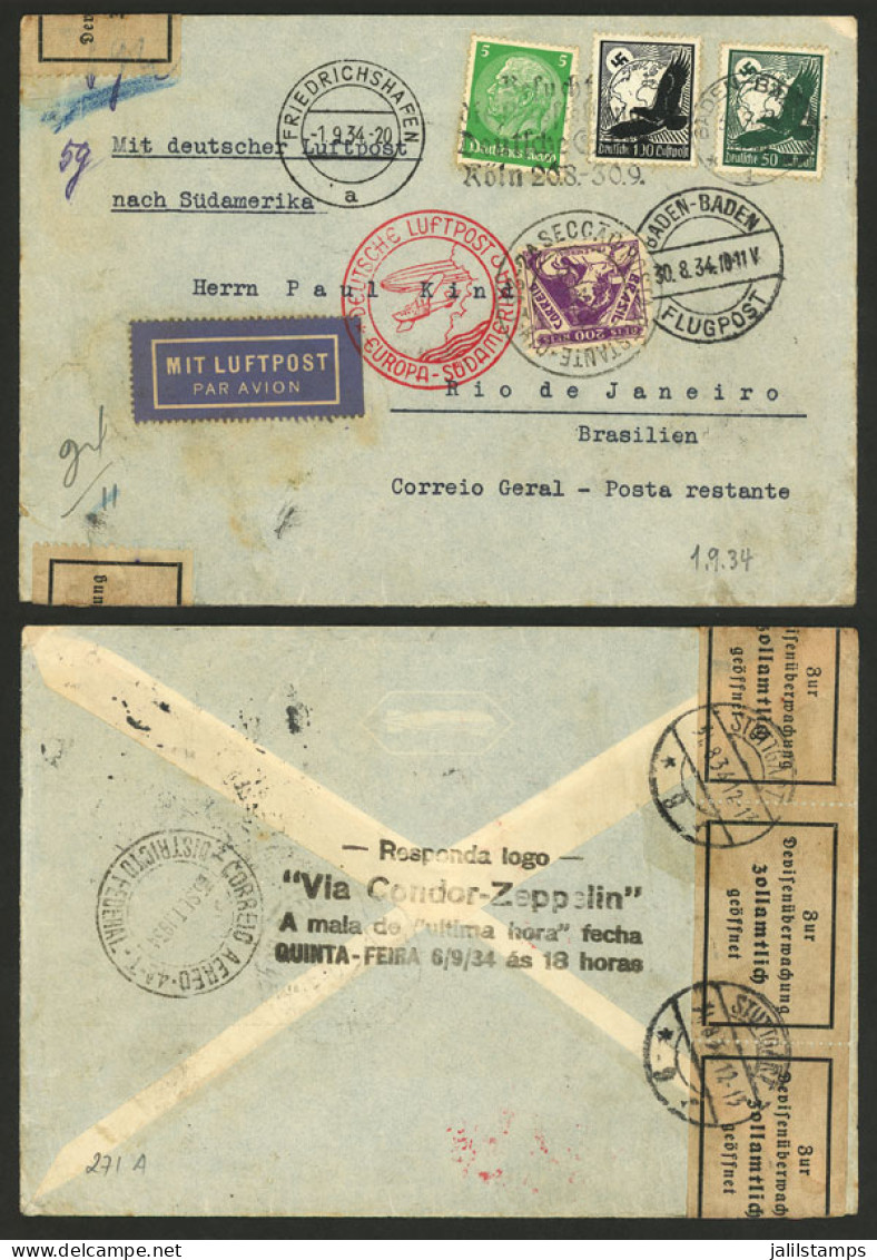 GERMANY: ZEPPELIN FLIGHT WITH MIXED POSTAGE: Airmail Cover Sent From Baden-Baden To Rio De Janeiro (Poste Restante) On 3 - Autres & Non Classés