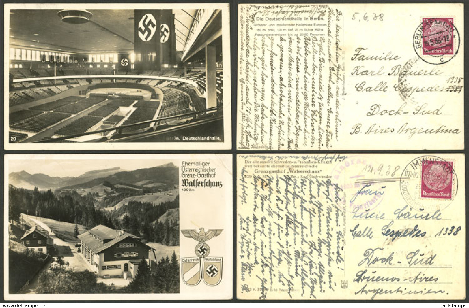 GERMANY: NAZISM: Couple Of Postcards Sent To Argentina On 19/MAY And 20/AU/1938, Both With Illustrations Asserting Nazis - Autres & Non Classés