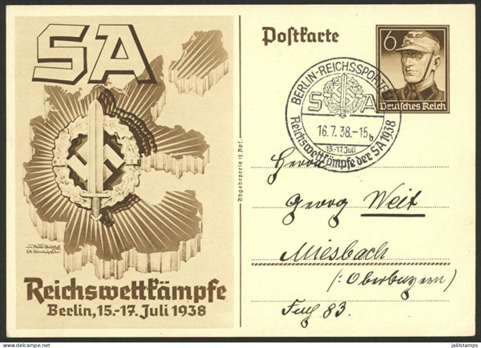 GERMANY: Postal Card Illustrated With Propaganda Of The "SA", Special Postmark Of 16/JUL/1938, VF!" - Sonstige & Ohne Zuordnung
