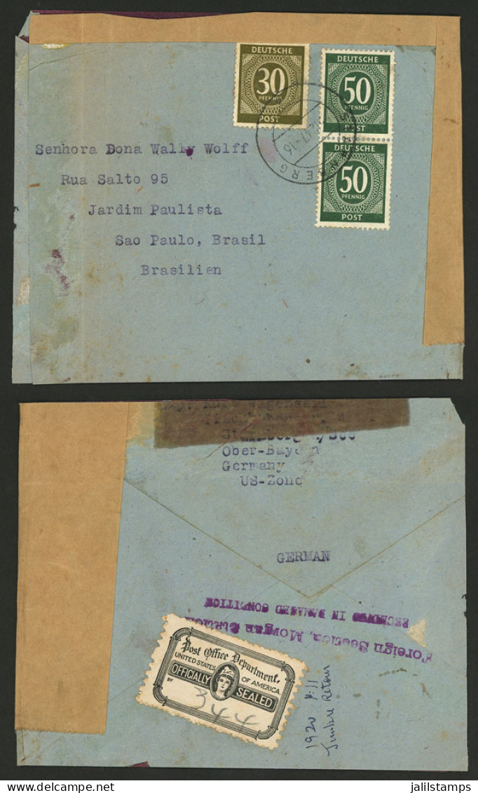 GERMANY: Cover Sent To Sao Paulo (Brazil) In DE/1947, With Censor Labels? On 2 Sides And On Back A Mark And Official Sea - Autres & Non Classés