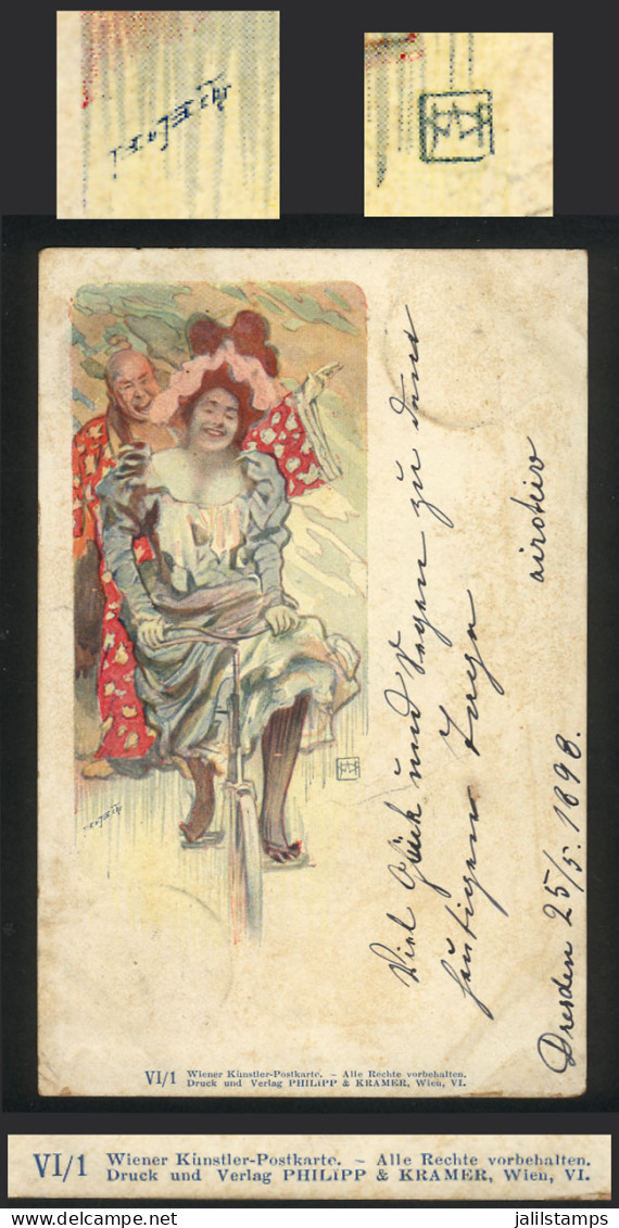 GERMANY: Lady Rading A BICYCLE, Ed. Philipp & Kramer, Artist-signed PC Used On 25/MAY/1898, VF Quality! - Other & Unclassified