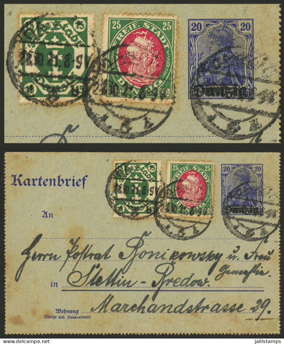 GERMANY - DANZIG: 20Pf. Lettercard Overprinted "Danzig" + Additional Postage, Sent To Stettin On 27/OC/1921, Interesting - Otros & Sin Clasificación