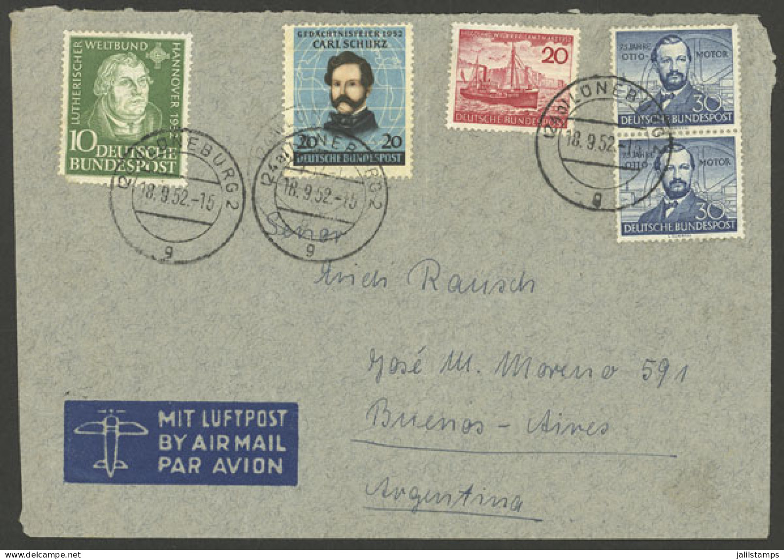 WEST GERMANY: Airmail Cover Sent From Lüneburg To Argentina On 18/SE/1952 With Nice Postage! - Andere & Zonder Classificatie