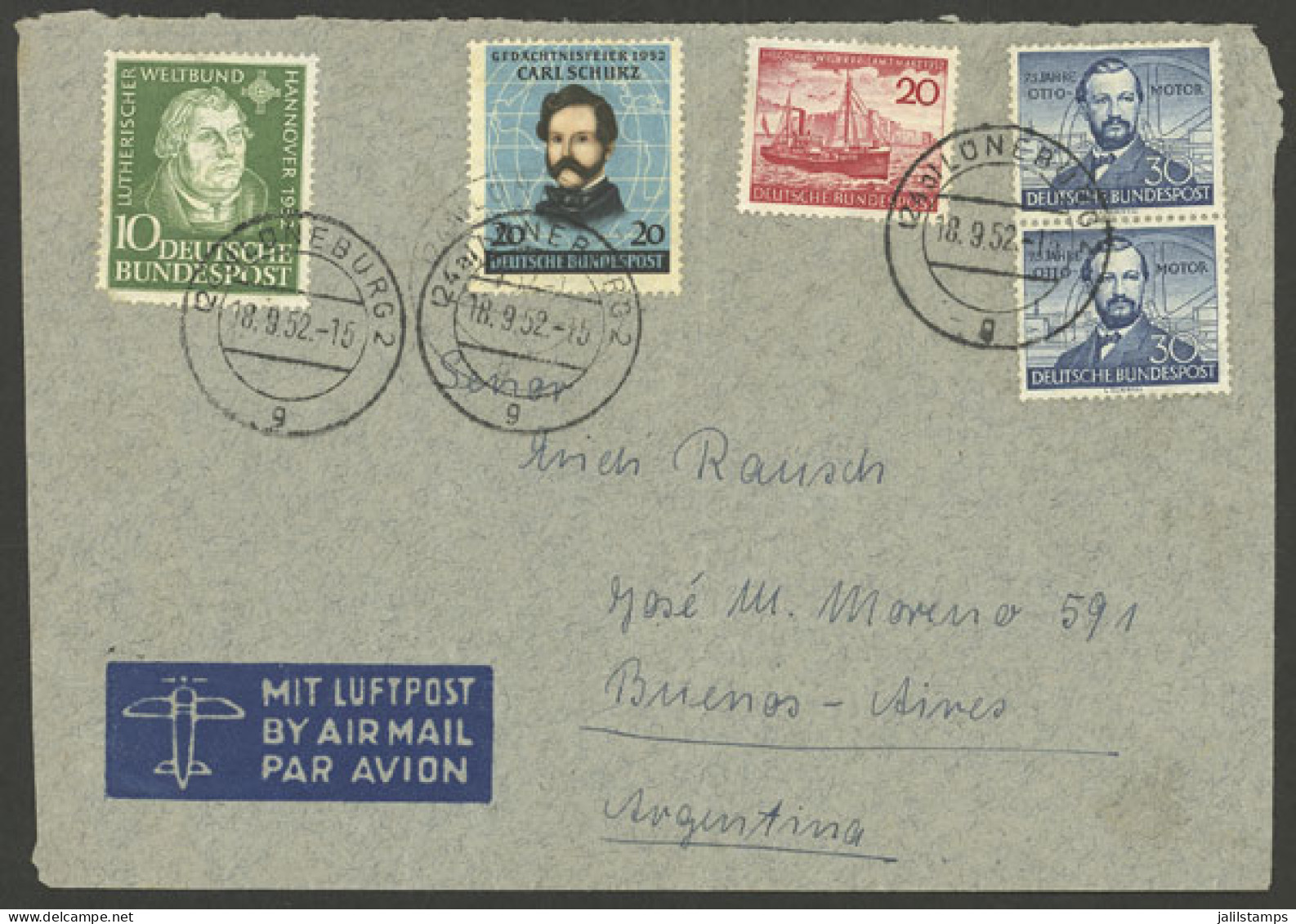 WEST GERMANY: Airmail Cover Sent From Lüneburg To Argentina On 18/SE/1952 With Nice Postage! - Other & Unclassified