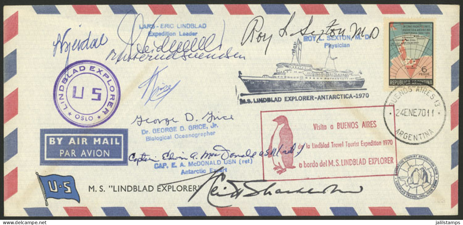 ANTARCTICA: Cover Commemorating The Visit To Buenos Aires Of The "Lindblad Travel Tourist Expedition 1970", Signed By Er - Sonstige & Ohne Zuordnung