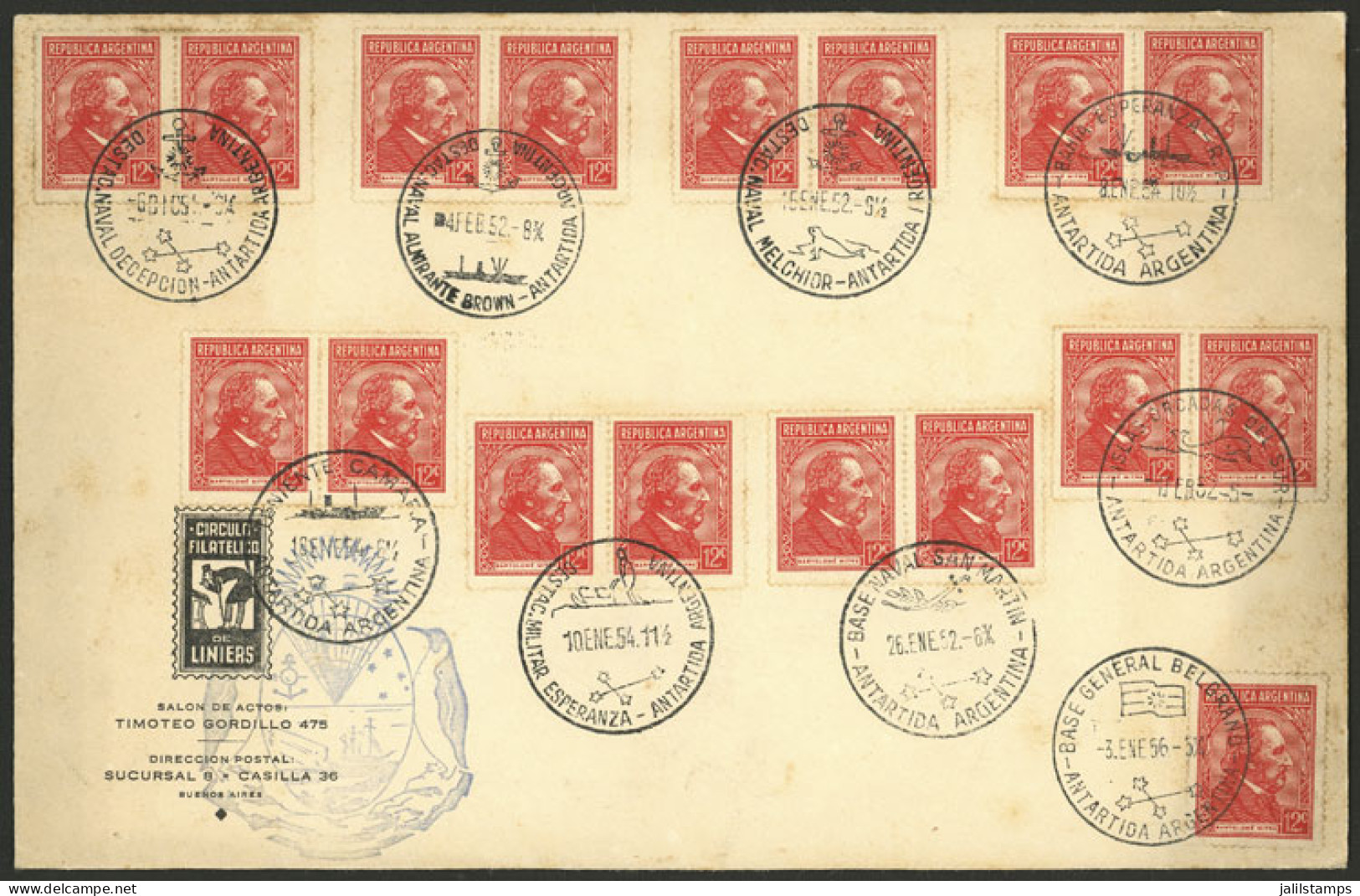 ARGENTINE ANTARCTICA: Large Cover Franked With 8 Pairs + Single Of 12c. Mitre With Different Cancels Of Various Argentin - Sonstige & Ohne Zuordnung