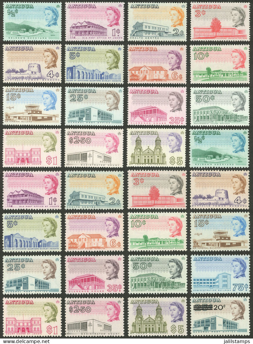 ANTIGUA: Yvert 158/173, 1966 Buildings, Complete Set Of 16 Values With Perf 11½x12, We Also Include 15 Values Perf 13½ ( - Otros & Sin Clasificación