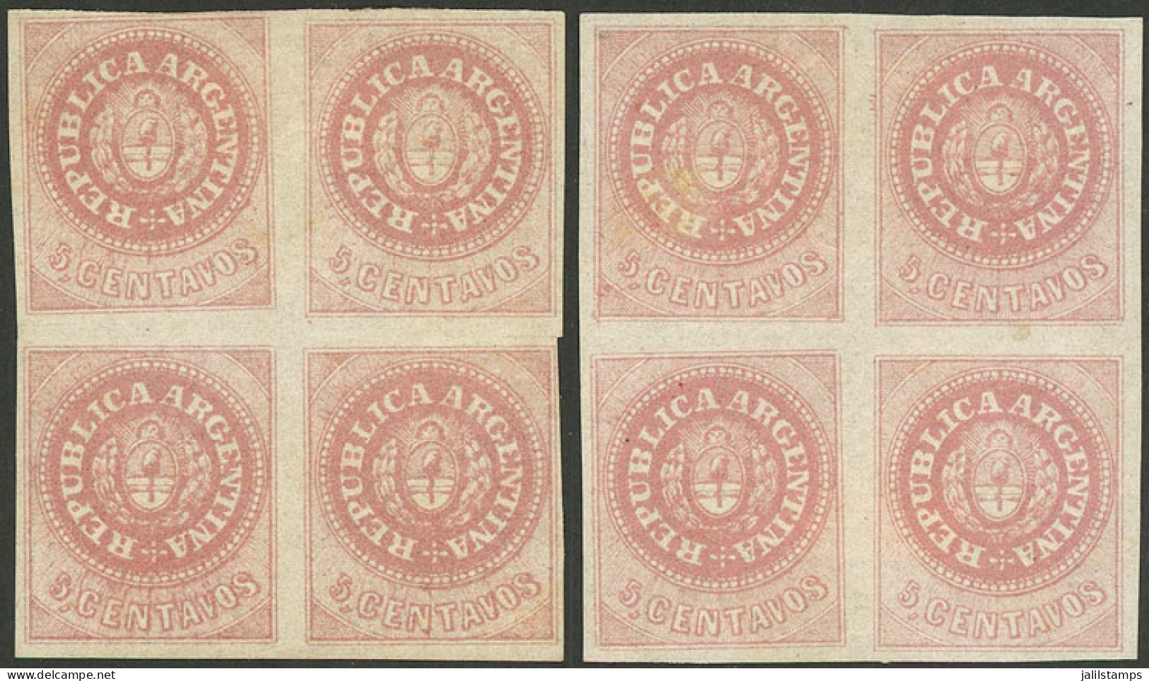ARGENTINA: GJ.10, 5c. Without Accent Over The U, 2 Mint Blocks Of 4 With Original Gum (+50%), In Rose And Dull Rose, Ver - Other & Unclassified