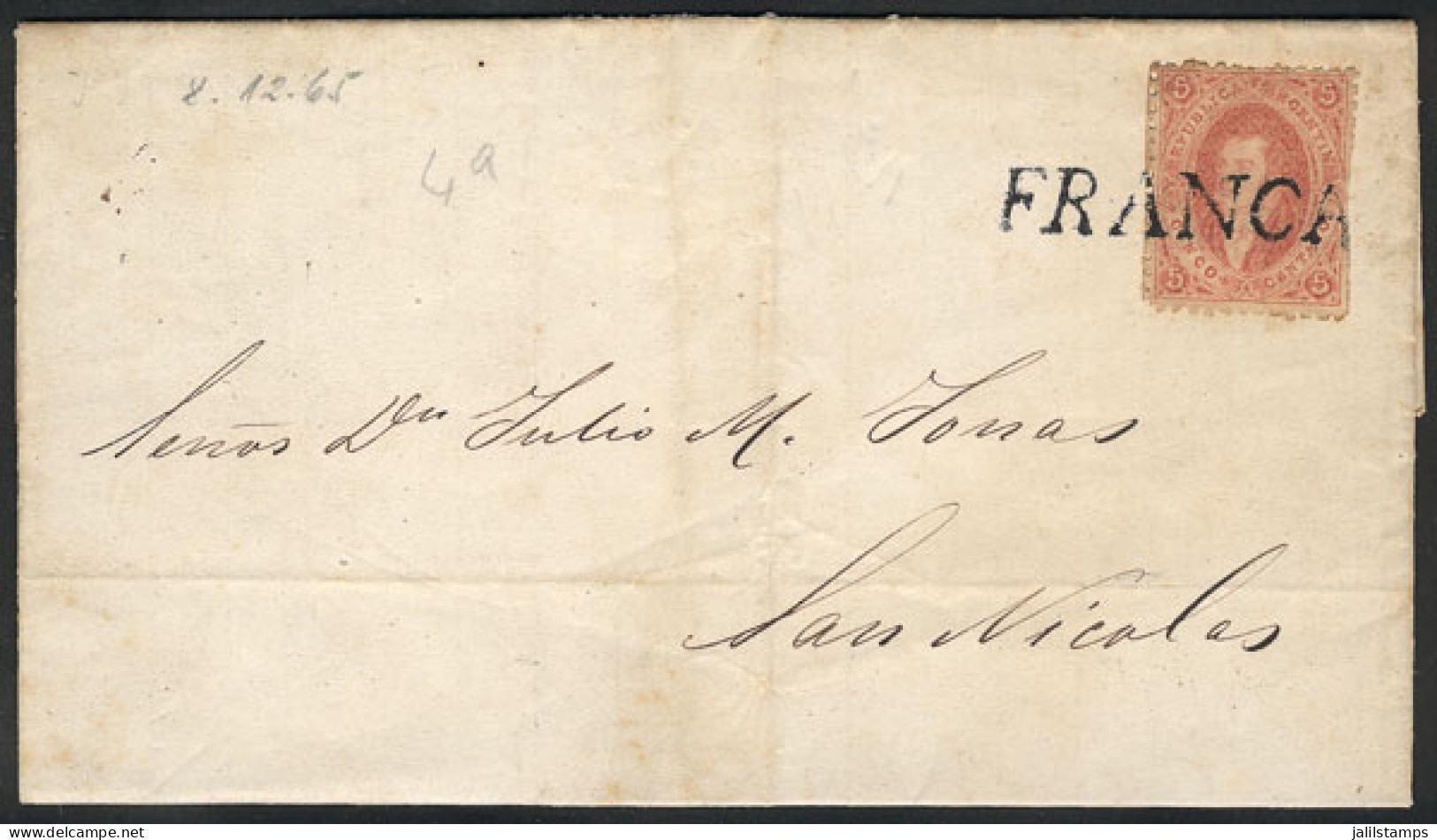 ARGENTINA: GJ.20, 3rd Printing, Orangish Dun-red, Franking An Entire Letter Dated Goya 8/DE/1865, Sent To San Nicolás An - Other & Unclassified