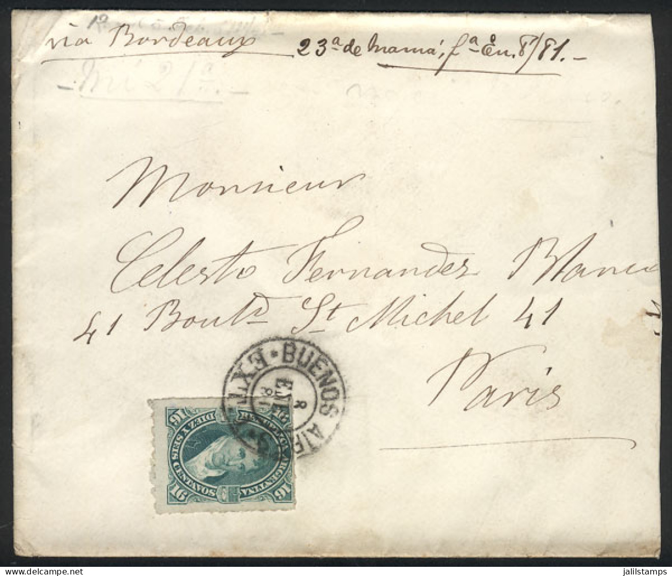 ARGENTINA: GJ.50, 1876 Belgrano 16c. Rouletted Franking A Cover Sent From Buenos Aires To Paris On 8/JA/1881, Very Nice! - Altri & Non Classificati