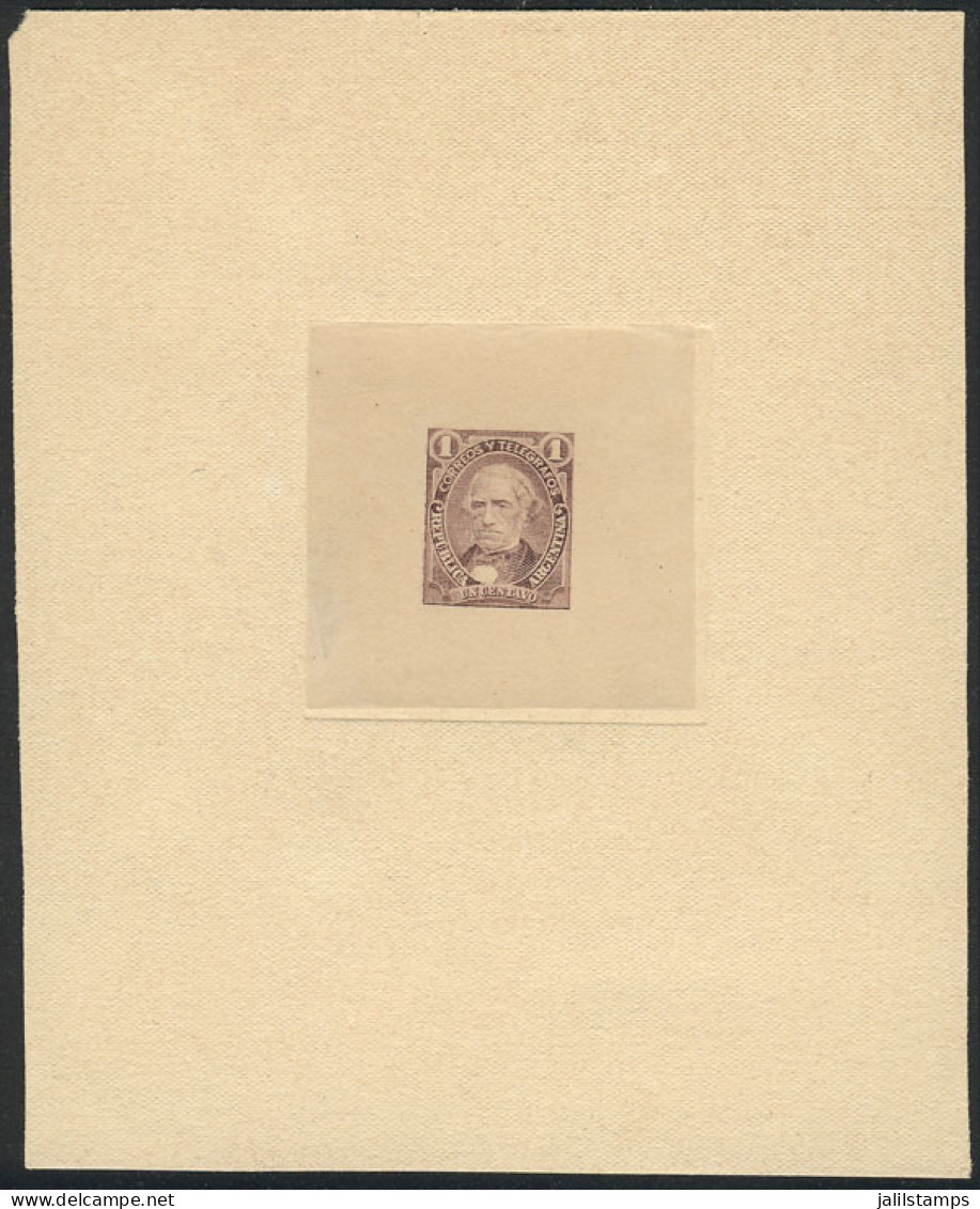 ARGENTINA: GJ.98, 1c. Dalmacio Velez Sársfield, Die Proof In Dark Lilac, Printed On Thin Paper And Mounted On Card, Exce - Other & Unclassified