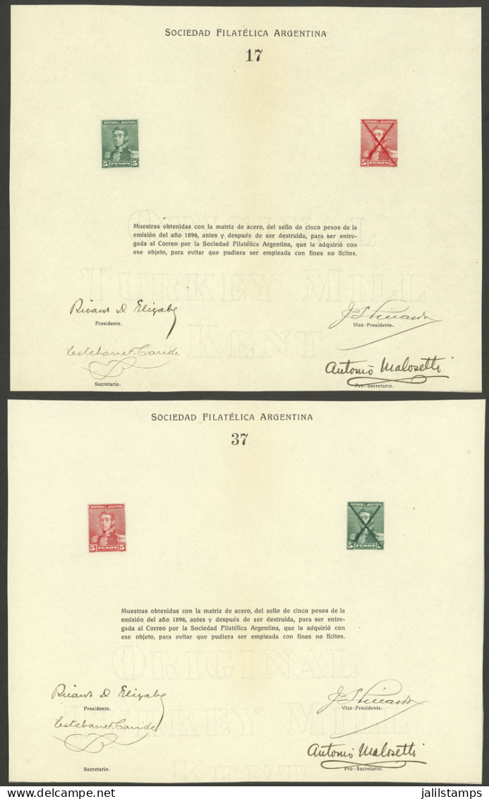 ARGENTINA: GJ.151, 5P. San Martín, Reprints (2 Different Sheets) Manufactured By The Sociedad Filatélica Argentina With  - Autres & Non Classés