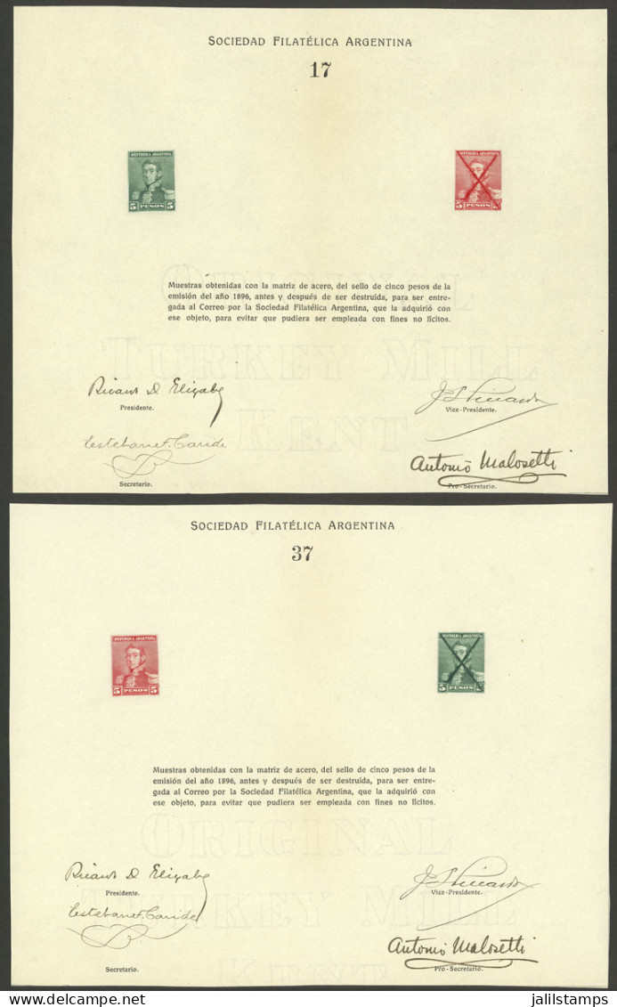 ARGENTINA: GJ.151, 5P. San Martín, Reprints (2 Different Sheets) Manufactured By The Sociedad Filatélica Argentina With  - Other & Unclassified
