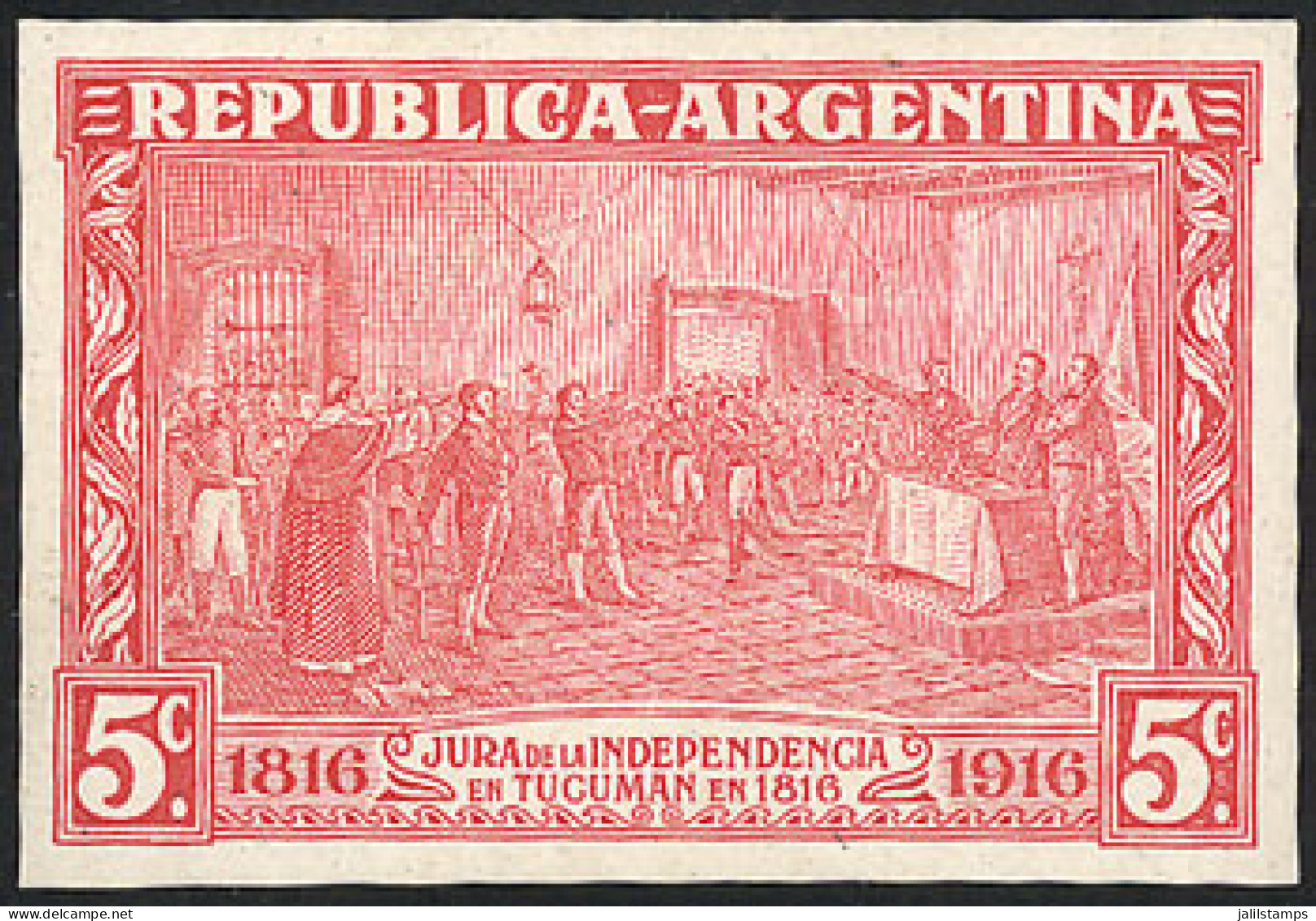 ARGENTINA: GJ.403, 1915 5c. Declaration Of Independence, ESSAY Of An Unadopted Design, Large Size (36.5 X 25 Mm), Red, E - Autres & Non Classés