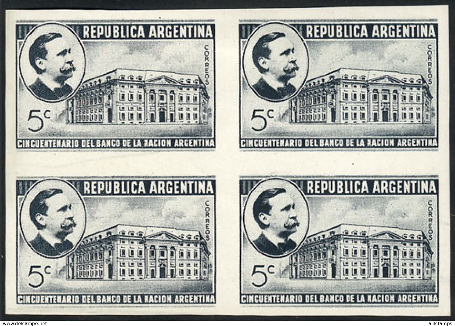 ARGENTINA: GJ.853, 1941 Banco De La Nación Argentina, PROOF In Slate Gray, Imperforate Block Of 4 Printed On Paper Of Gl - Altri & Non Classificati