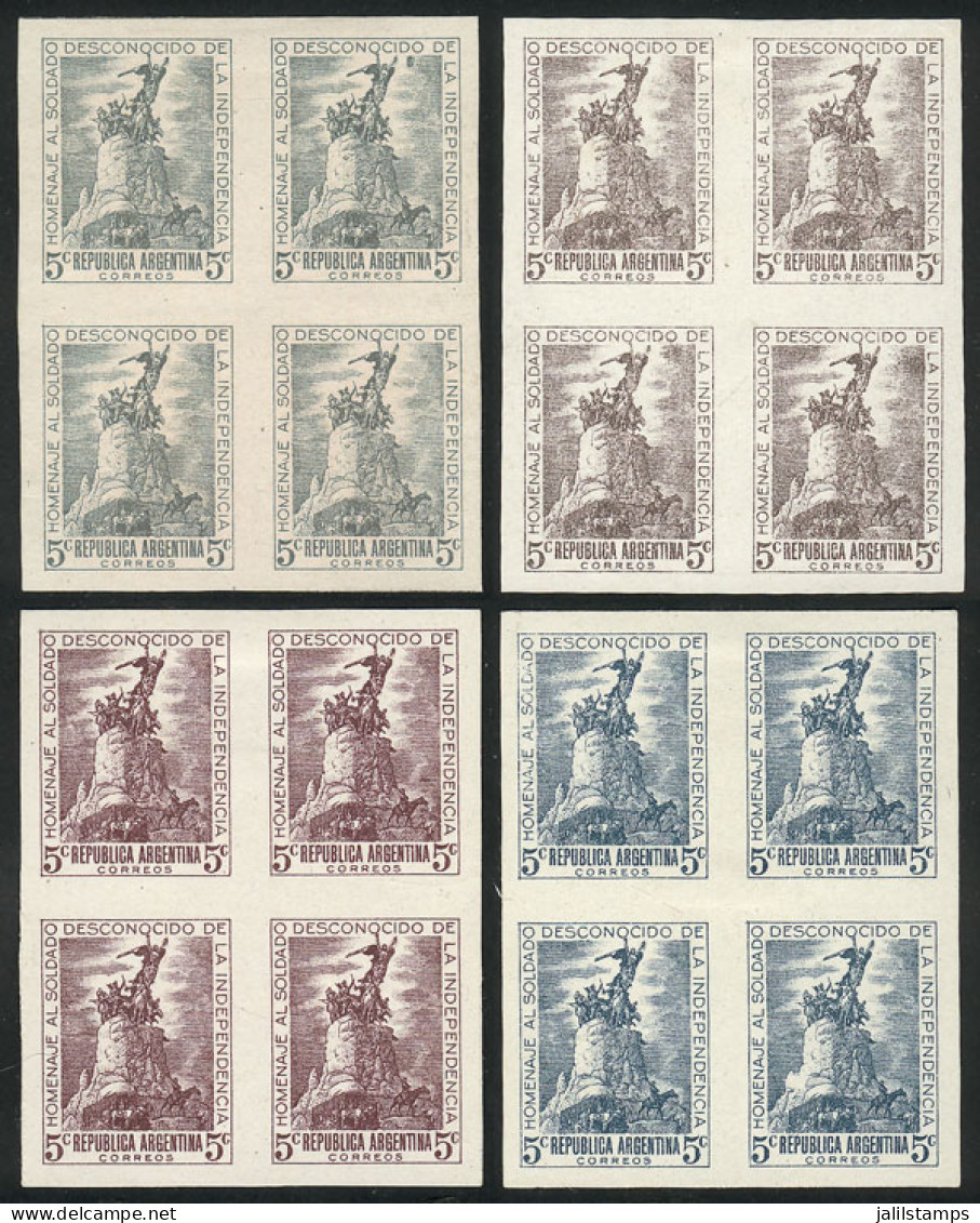 ARGENTINA: GJ.926, 1946 Unknown Soldier, 4 TRIAL COLOR PROOFS In Blocks Of 4 Printed On Paper Glazed On Both Sides (3) O - Andere & Zonder Classificatie