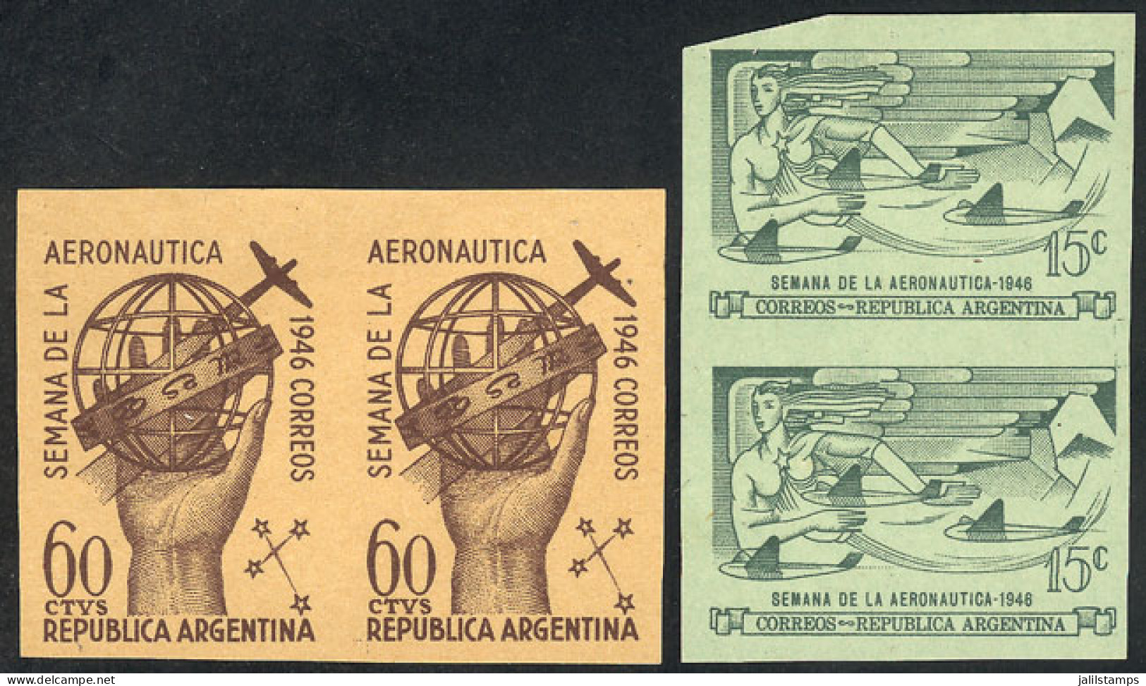 ARGENTINA: GJ.933/4, 1946 Aeronautics Week, PROOFS In The Adopted Colors, Imperforate Pairs On Ordinary Paper, VF Qualit - Sonstige & Ohne Zuordnung