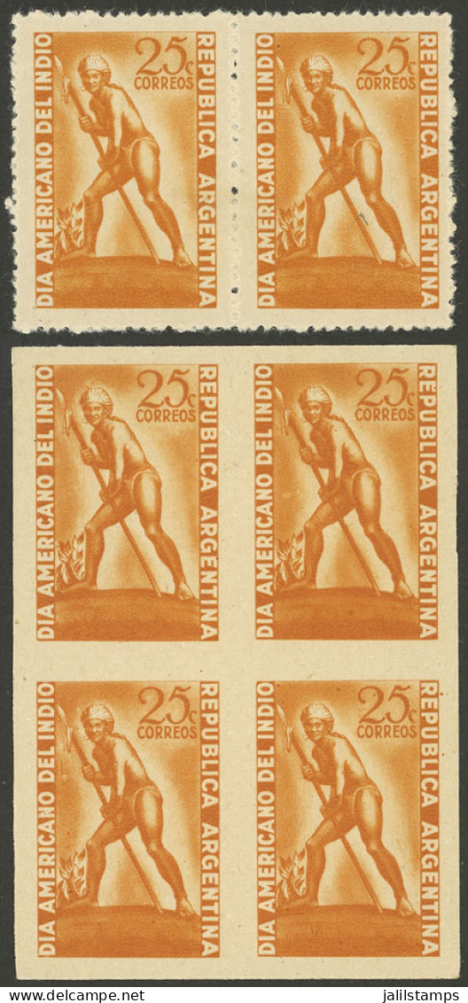 ARGENTINA: GJ.956, 1948 Indian Day, COLOR PROOF Printed On Paper Of Glazed Front, Imperforate Block Of 4 + Perforated Pa - Sonstige & Ohne Zuordnung