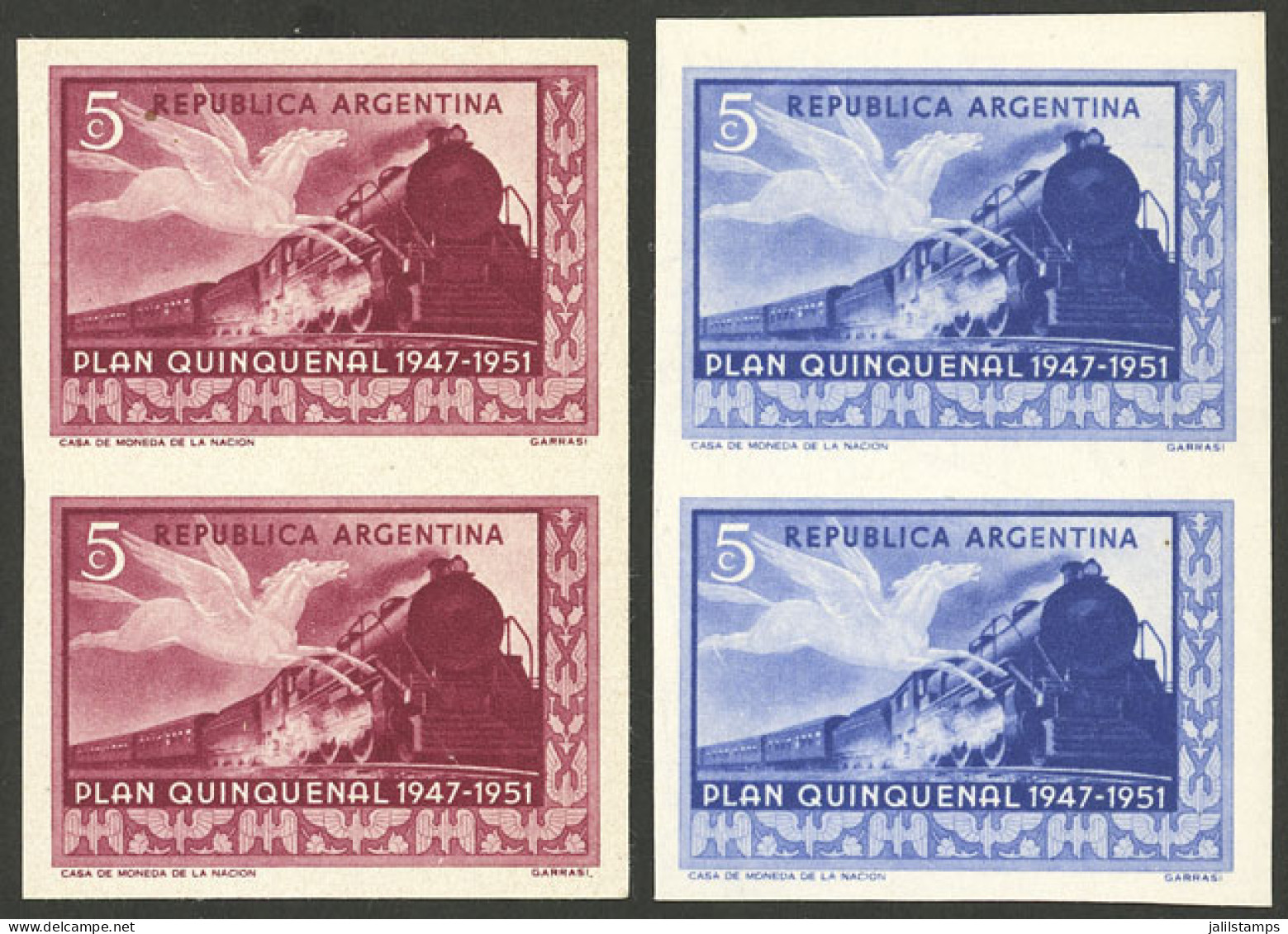 ARGENTINA: GJ.997, 1951 Quinquennial Plan 5c. (railway And Pegasus), 2 COLOR PROOFS In Imperforate Pairs, Very Fine Qual - Autres & Non Classés