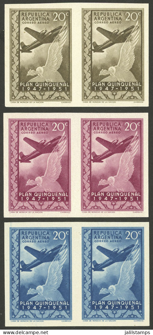 ARGENTINA: GJ.998, 1951 Quinquennial Plan 20c. (airplane And Condor), 3 COLOR PROOFS In Imperforate Pairs, Very Fine Qua - Autres & Non Classés