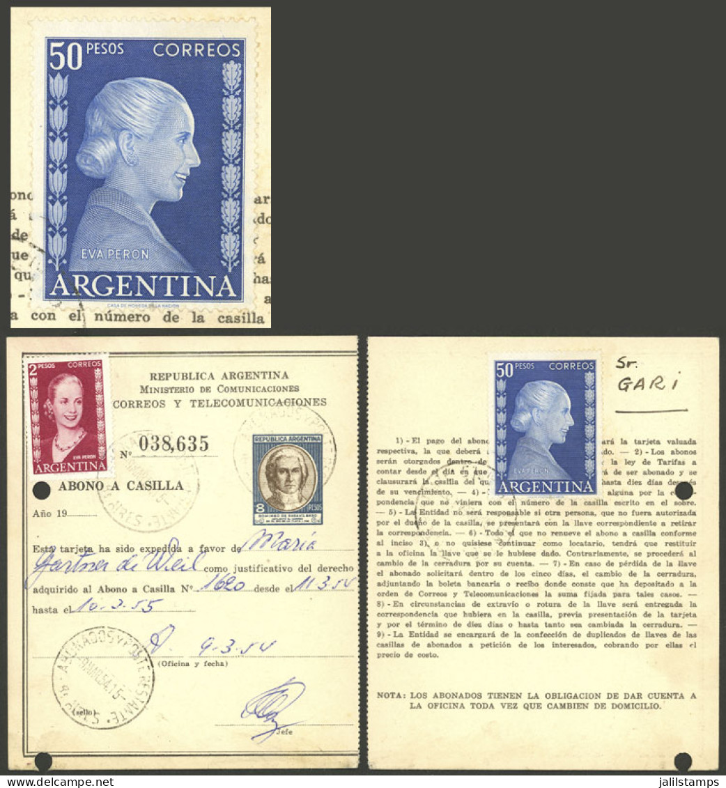 ARGENTINA: GJ.1022, 1952 50P. Eva Perón + 2P., Uprating A PO Box Payment Card, With Punch Holes Else Excellent. The 50P. - Other & Unclassified