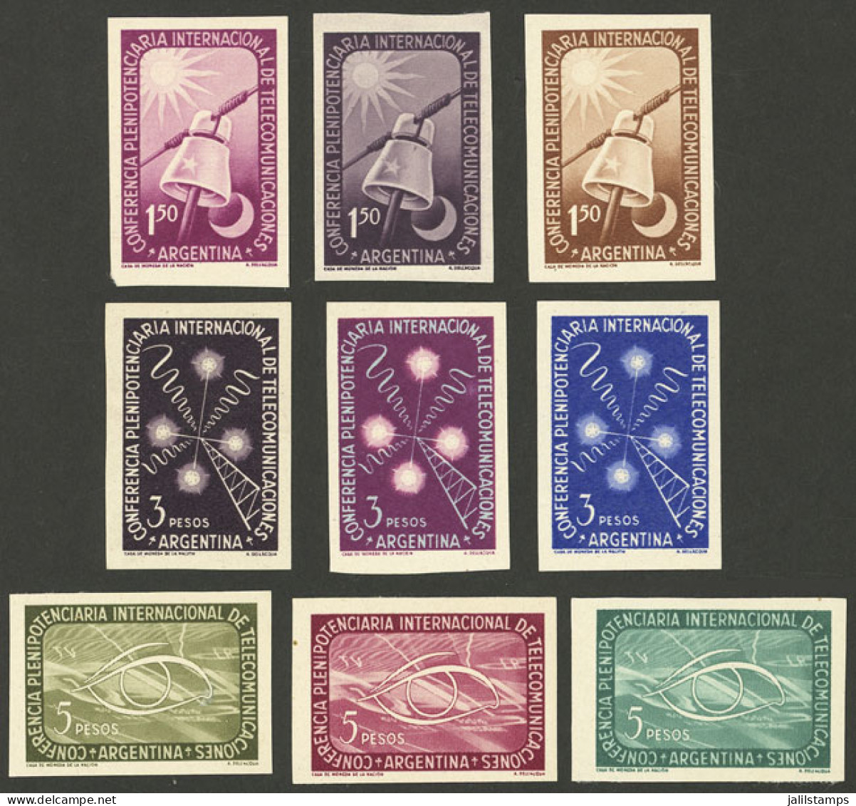 ARGENTINA: GJ.1026/28, 1954 ITU Conference, 3 Different COLOR PROOFS Of Each Value (9 Proofs), Very Fine Quality! - Andere & Zonder Classificatie