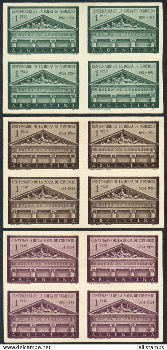 ARGENTINA: GJ.1029, 1954 Stock Exchange 100 Years, PROOFS On Ordinary Paper, BLOCKS OF 4 In The 3 Known Colors, VF Quali - Andere & Zonder Classificatie