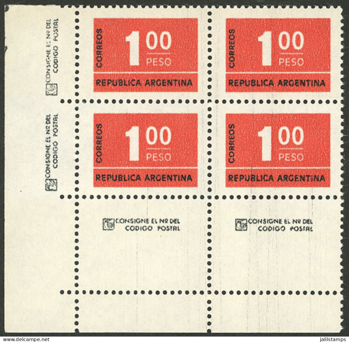 ARGENTINA: GJ.1721NCJ, 1976 1P. Figures, On UV NEUTRAL PAPER, Block Of 4 With Labels, Excellent Quality! - Autres & Non Classés