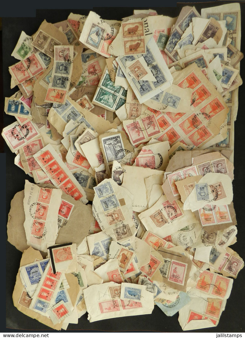 ARGENTINA: Shoebox Full Of Fragments Of Covers With Good Postages, Including Many High Values, Multiples, Good Combinati - Andere & Zonder Classificatie